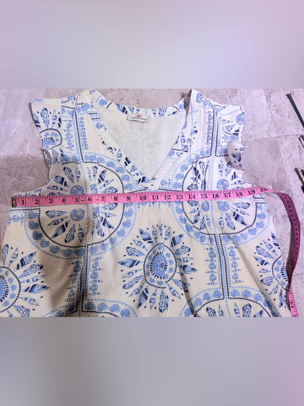 Vineyard Vines Sea Shell Print Pintuck Ruffle Tunic Top Blue White M - Picture 7 of 7